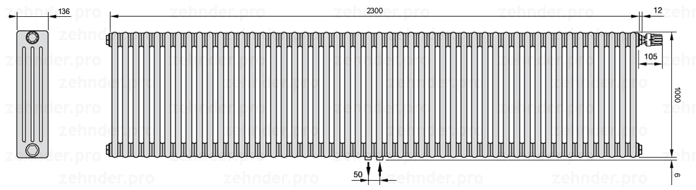 Схема (чертеж) Радиатор Zehnder Charleston 4100/50 №V008 Белый глянцевый RAL 9016